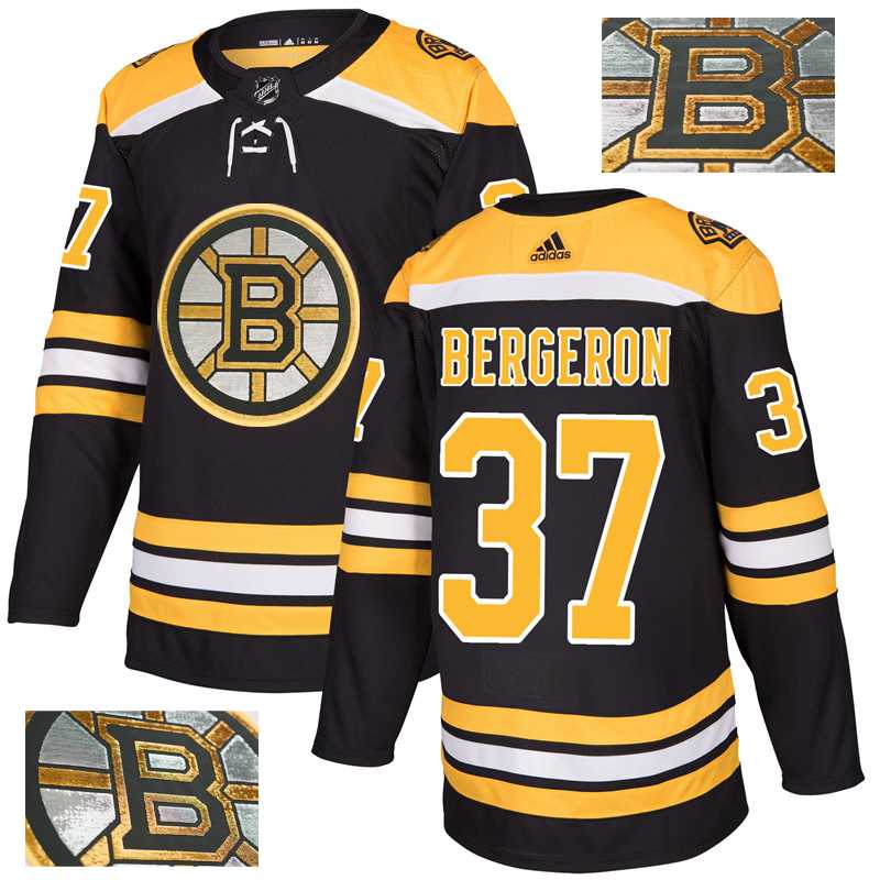 Bruins 37 Patrice Bergeron Black With Special Glittery Logo Adidas Jersey